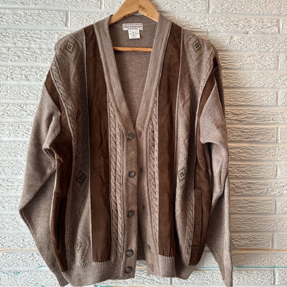 Vintage Norm Thompson Button Down Cardigan/Leather and Wool Blend/Front Pockets - Picture 2 of 8